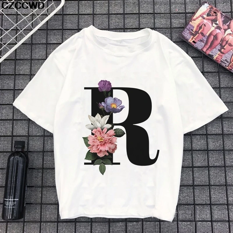 Summer Ulzzang Harajuku Fun Bouquet Of 24 English Letters Print Short Sleeve T Shirt Big Size Loose Vintage Casual Women T-Shirt