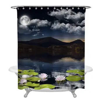 

Summer Nature Home Decorations, Fantastic Night View of The Pink Water Lily Flowers at Lotus Pond Shower Curtain with Full Moon
