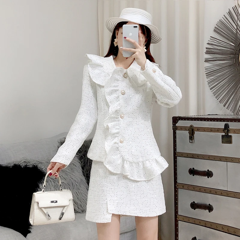 ALPHALMODA Блестящий твидовый милый кардиган с рюшами жакет + Асимметричная мини юбка