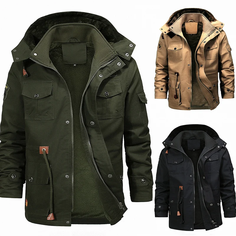 

Newly Fashion Winter Jacket Men High Quality Thick Velvet Warm Parka Cotton Coats Multi Pockets Overall Outwear Chaqueta Hombre