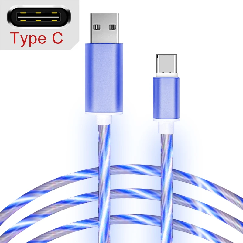 1 м 2A светодиодный светящийся струящийся Micro usb type C кабель для Xiaomi для huawei для samsung S9 Android USB зарядное устройство TPE яркий кабель для передачи данных - Цвет: Blue For Type-C