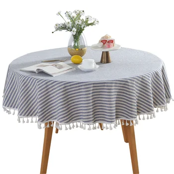

Dust-Proof Striped Table Runner Living Room For Kitchen Round Decorative Cover Cotton Linen Dining Tablecloth Tassel