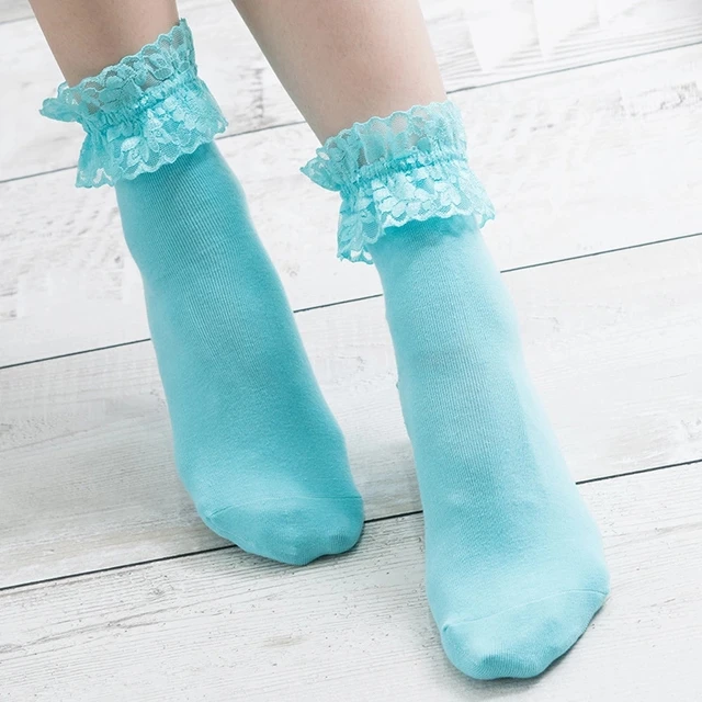 Women Lace Mesh Black White Cotton Socks Lolita Style Japanese Maiden Lovely Short Socks Harajuku Frilly Ruffle Princess Socks Lake blue