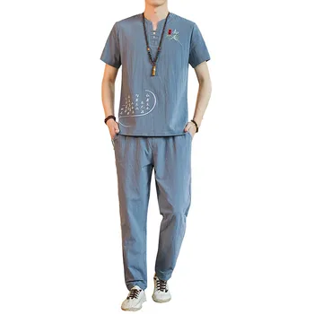 

Summer mens two-piece set 5xl fashion casual men embroidered t shirt short sleeves and Ankle-Length pants cotton linen fabric