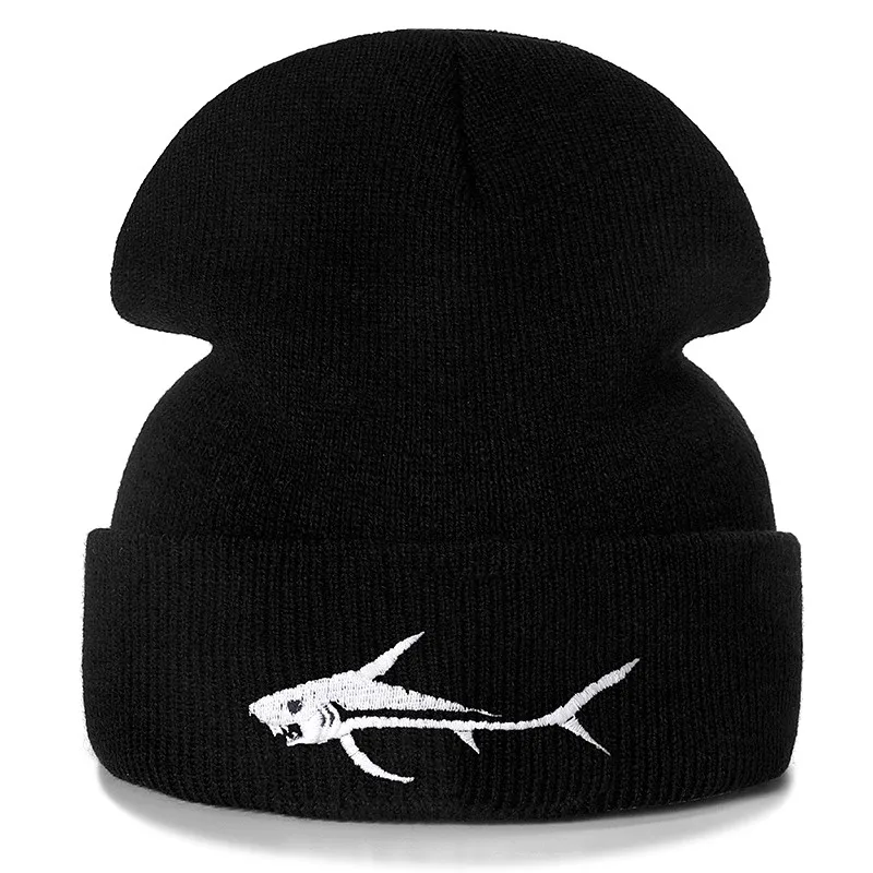 1 шт шапка Большая акула вышивка повседневное шапка женская мужская теплая вязаная зимняя шапка модные Сплошной цвет шапка - Цвет: Black