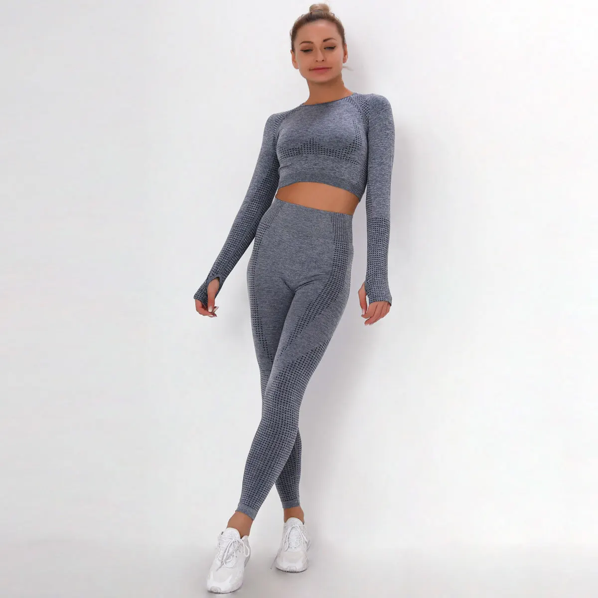 2/3/5PCS Women Sportswear Yoga Set Gym Clothing Tracksuit Long Sleeve Crop Top High Waist Seamless Leggings Fitness Sports Suits