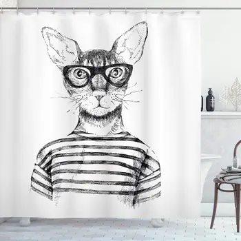 

Cat Shower Curtain, Hand Drawn Dressed up Hipster New Age Cat Fashion Urban Free Spirit Artwork Print, Cloth Fabric Bathroom