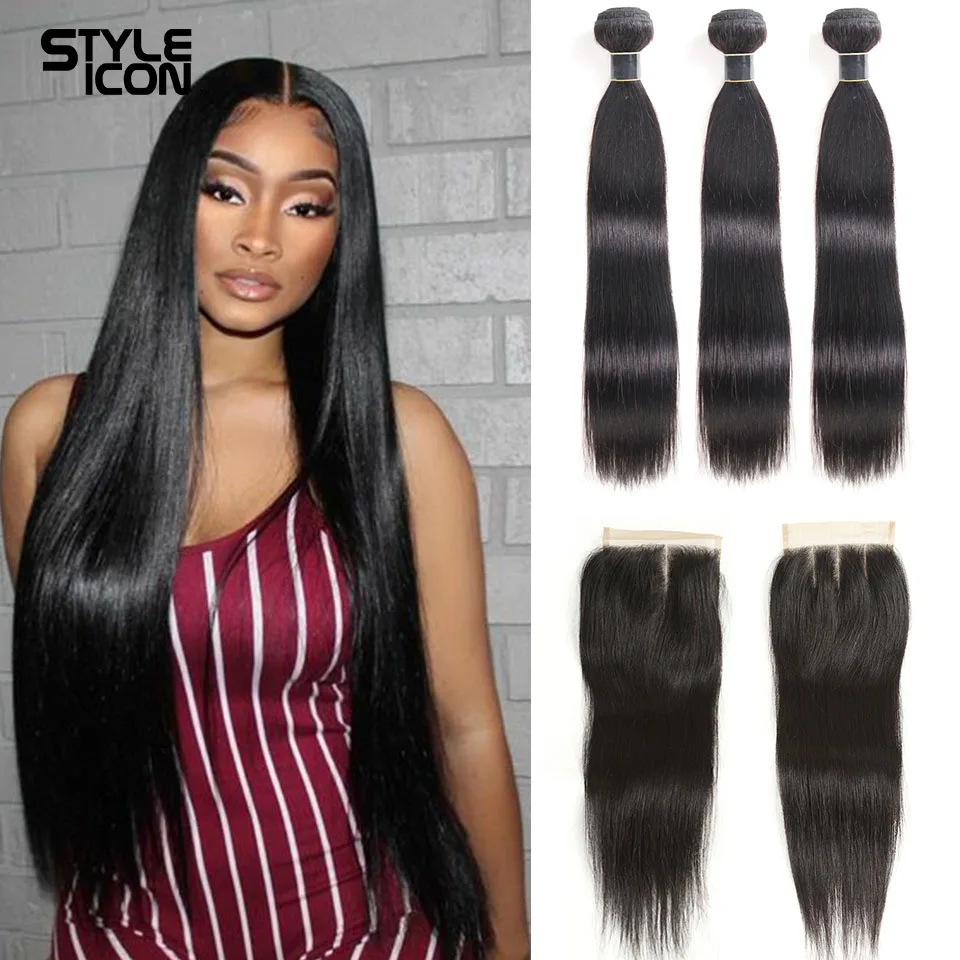Styleicon-mechones de cabello peruano con cierre, extensiones de cabello recto mechones Remy de 30 pulgadas, extensión de cabello humano, 3 mechones con cierre