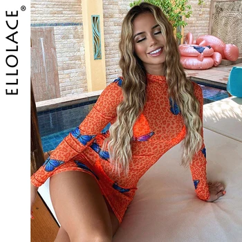 

Ellolace Leopard Dress Fashion Butterfly Print Long Sleeve Mesh Summer Bodycon Dress Crew Neck Outfits Mini dresses Clothes 2020