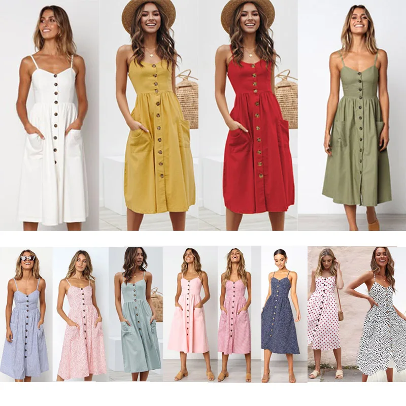 Women Summer Dress Sexy Backless Midi Dress Boho Polka Dot Striped Floral Beach  Female Casual Vintage Button  Multi style