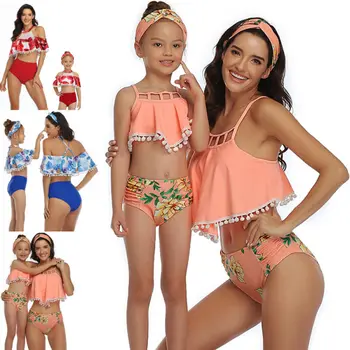 

Mother Daughter Family Matching Swimwear Swimsuit High Waist Women Girls Bikini