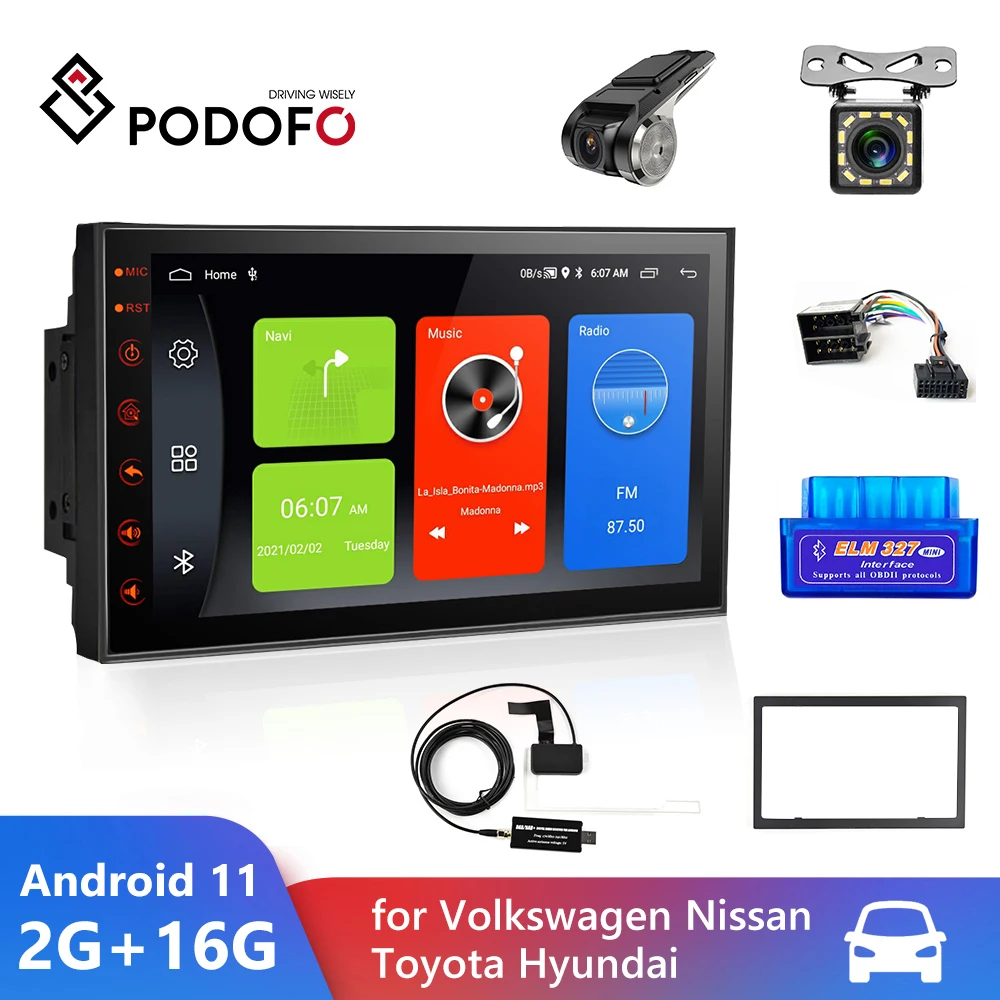 Podofo автомобильный Радио Android 11 Авторадио мультимедийный плеер Bluetooth 2 Din стерео