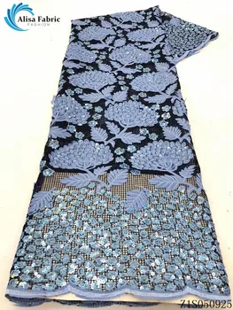 

Alisa sky blue nigerian lace fabric with sequins embroidery coarse mesh fabrics 5 yards/pcs african net laces fabrics for sewing