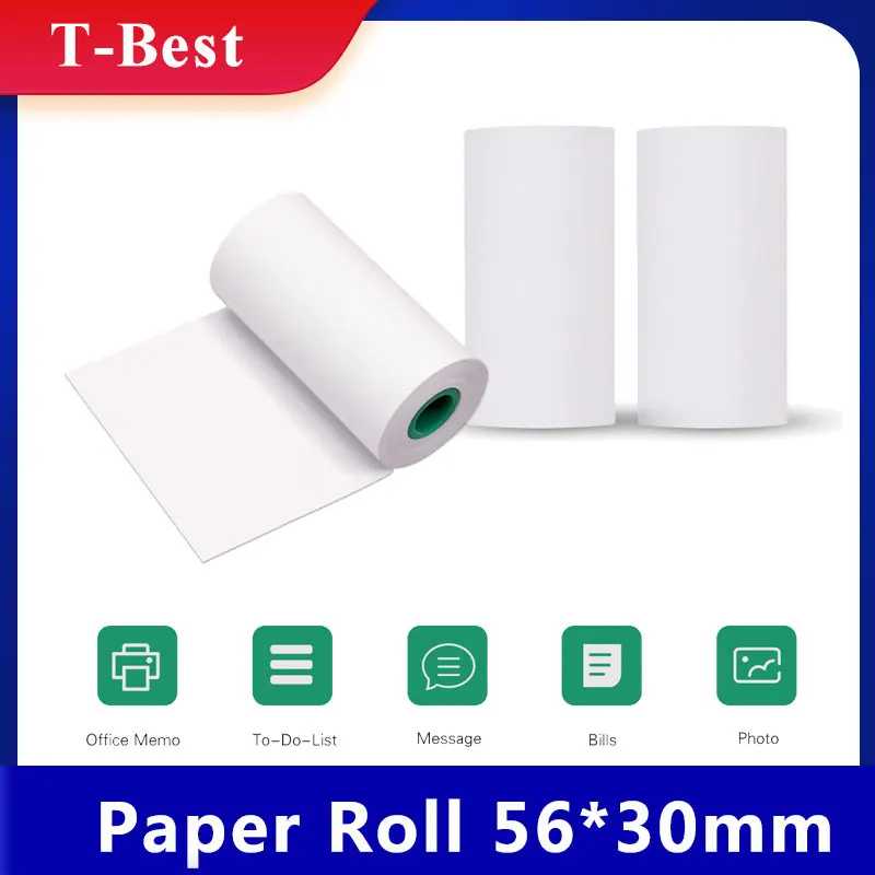 Rollo de papel térmico de larga duración, etiquetas de calcomanía adhesiva, 56x30mm, sin BPA, Fuente negra para Peripage A6/A8/Paperang P6 P1/P2