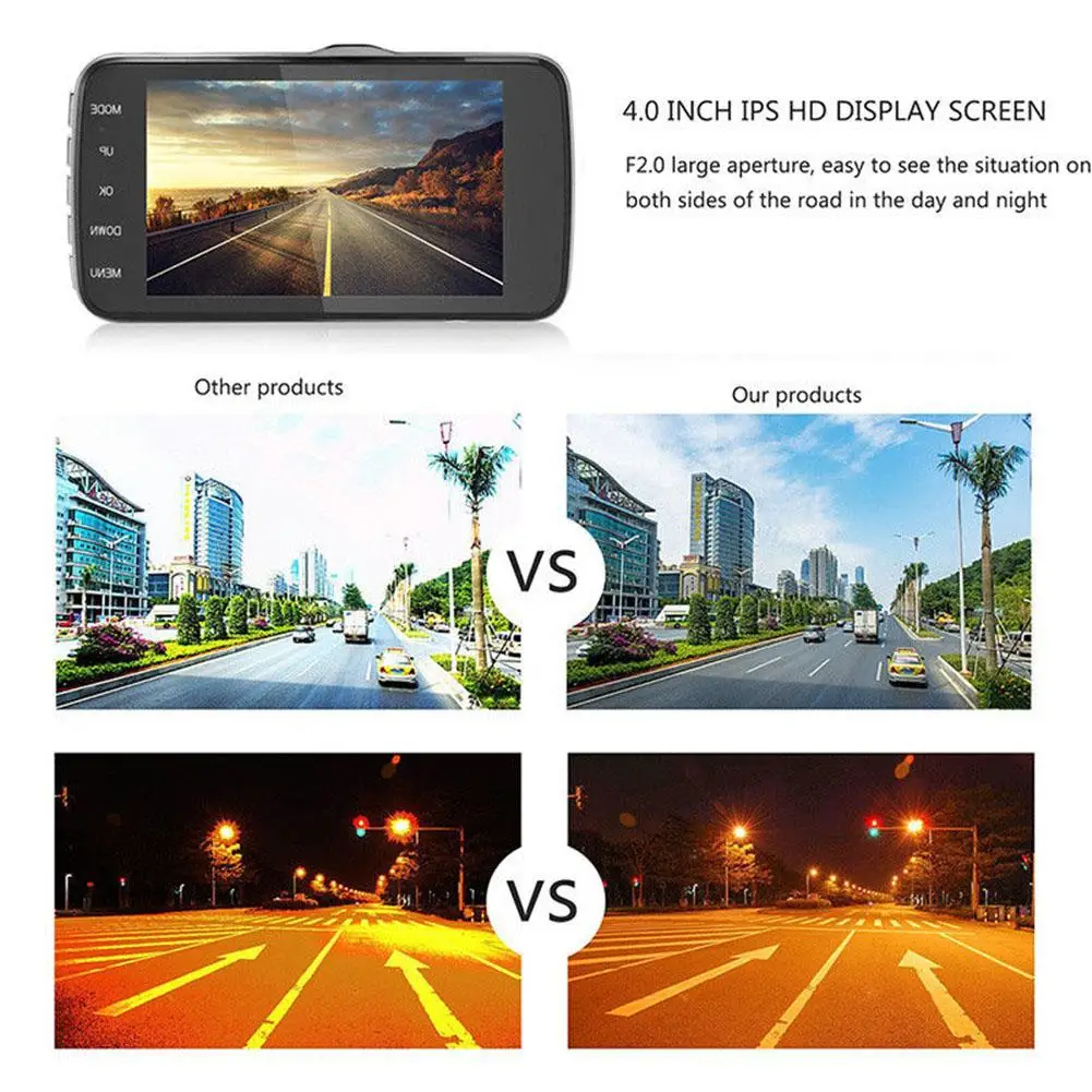 4 дюйма ЖК дисплей Экран 170 градусов Dash Cam Двойной объектив HD 1080P Камера