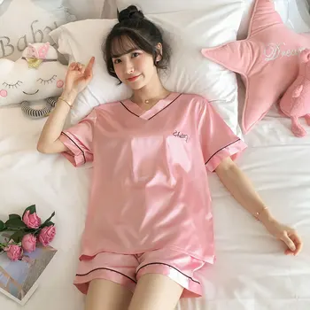 

Pajamas Female Summer Thin Viscose Sexy Short Sleeve Two-Piece Set Korean-style Sweet Plus-sized Imitated Silk Fabric Home Wear