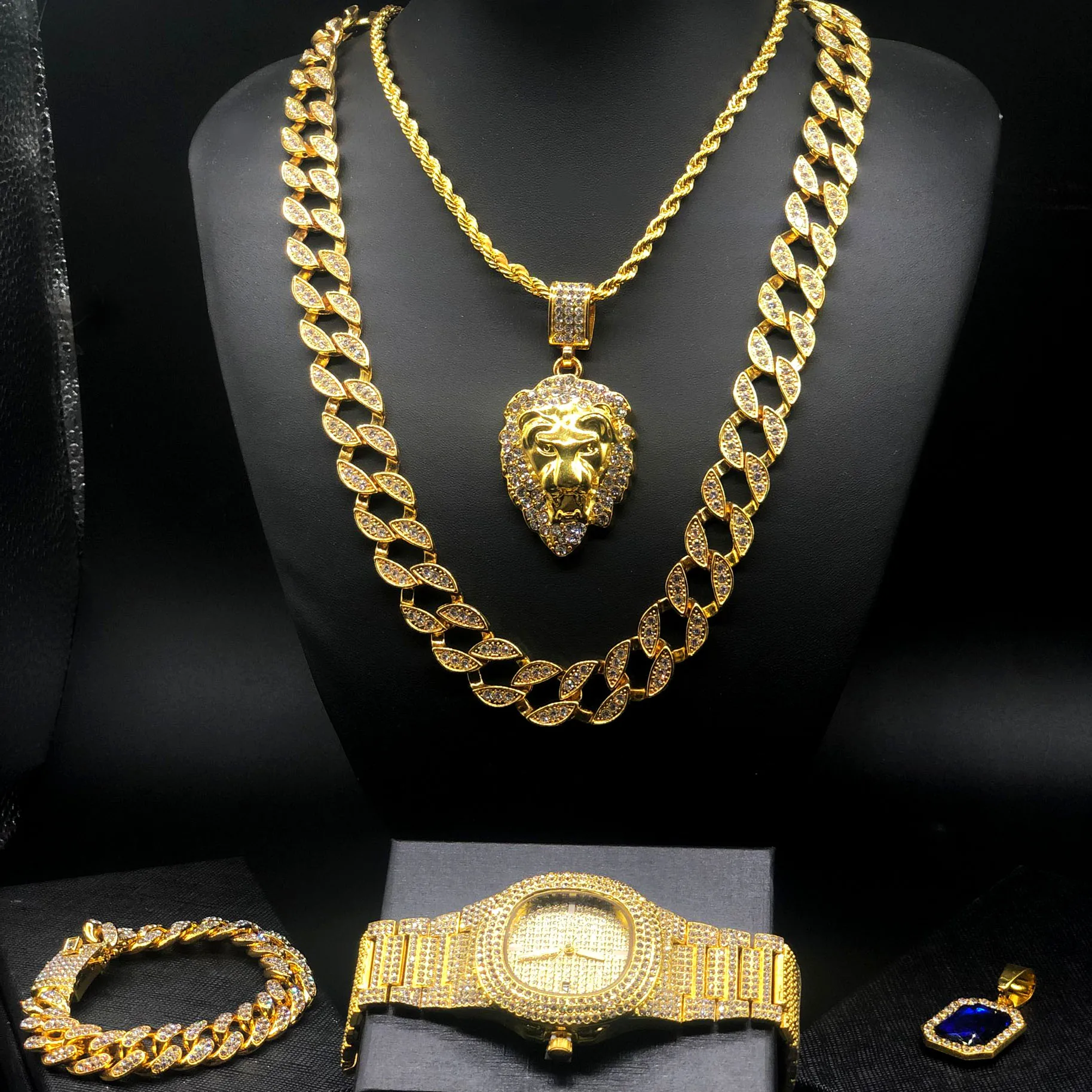 

Men's luxurious diamond + lion head Cuban Necklace combination, gold bracelet, men's watch, GEM PENDANT SET