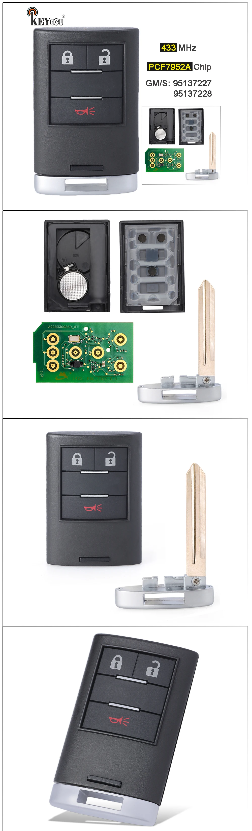 Keyforkess FSK 433MHz PCF7952A GM/S: 95137227 / 95137228 OEM Smart 3 pulsanti portachiavi a distanza per Holden Chevrolet Captiva 2016-2018 - H32610227b4204c65953eaa355125e159J