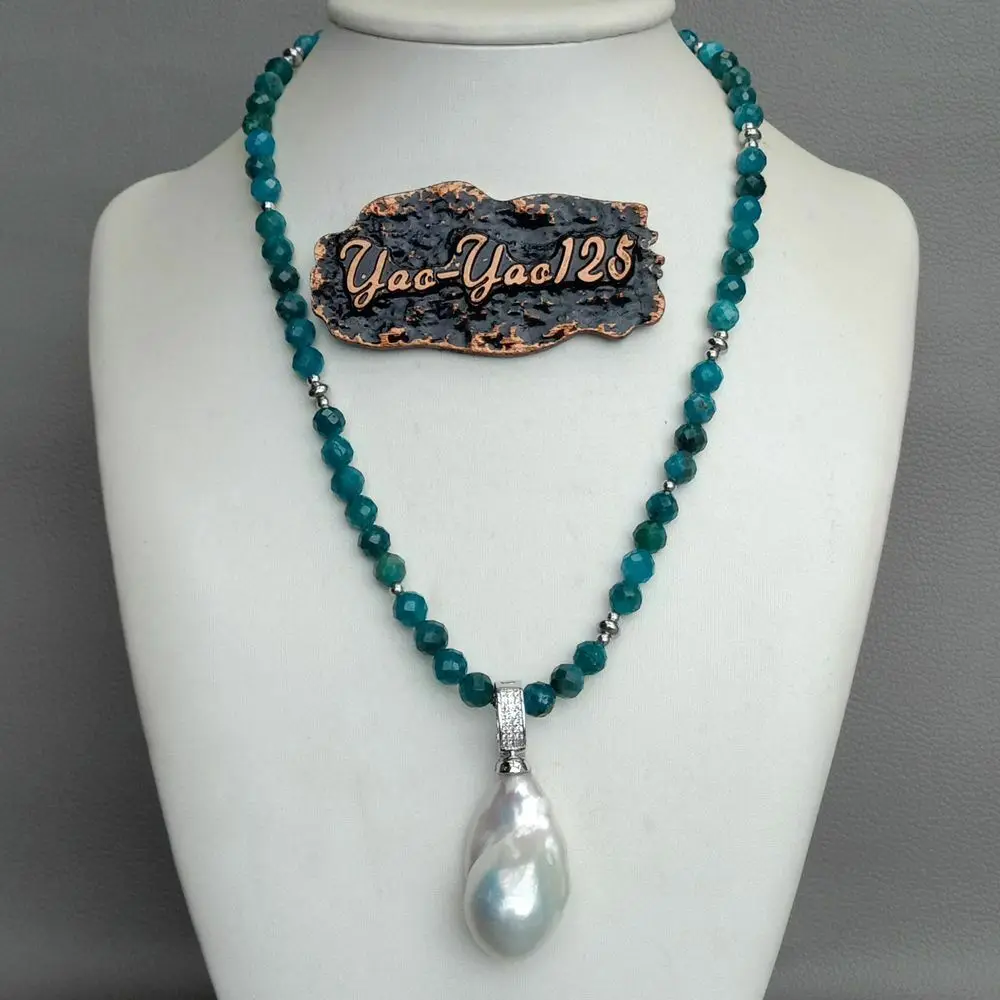 

19'' Natural 6mm Blue Apatite Necklace Cultured White Keshi Pearl Pendant