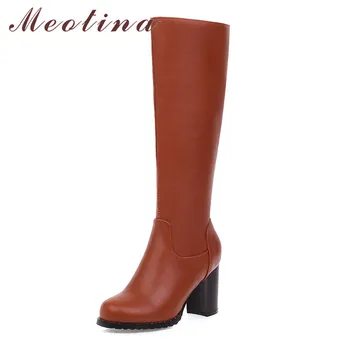 

Meotina Women Long Boots Shoes Platform High Heel Knee-High Boots Round Toe Thick Heels Zipper Boots Lady Winter Gray Size 43