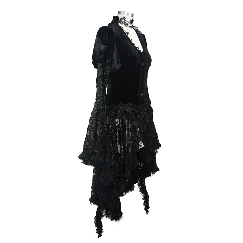 Gothic Punk Womens Dress Coat Black Patchwork Lace V Neck Party Dress Irregular Jacket Winter Party Dress