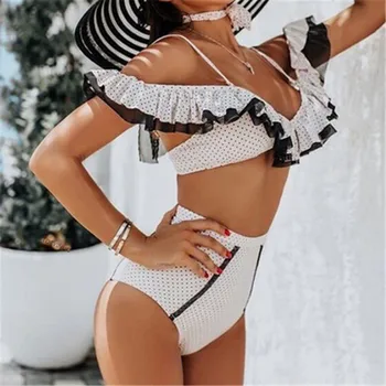 

2020 HOT Elegant Women Deep Ruffles Neck High Waist Bikini Set Push Up Swimsuit Bathing Suits Summer Beach Swimwear