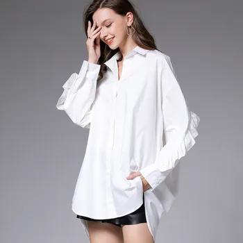 

Solid Color Loose Plus Size Female Shirt 2020 New Lapel Single Breasted Stitching Ruffled Long Sleeve Irregular Hem Casual Top