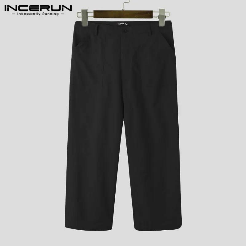 

Fashion Men Wide Leg Pants Solid Color Straight Trousers INCERUN Big Pockets Zipper Pantalones Mens Loose Pants Streetwear S-5XL