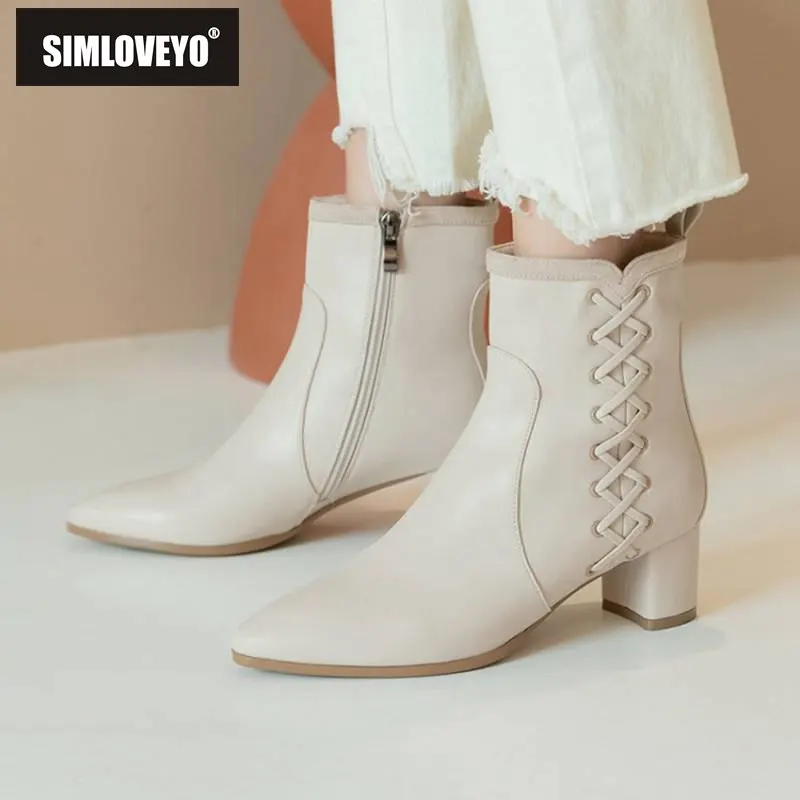 SIMLOVEYO ботильоны для женщин заостренный носок толстый каблук натуральная кожа