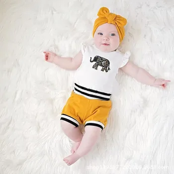

Newborn Baby Girls Boy Cartoon Elephant Print Sets Ruffle Fly Sleeve Romper Bodysuit+Yellow Shorts+Headband Outfit 0-24M Clothes