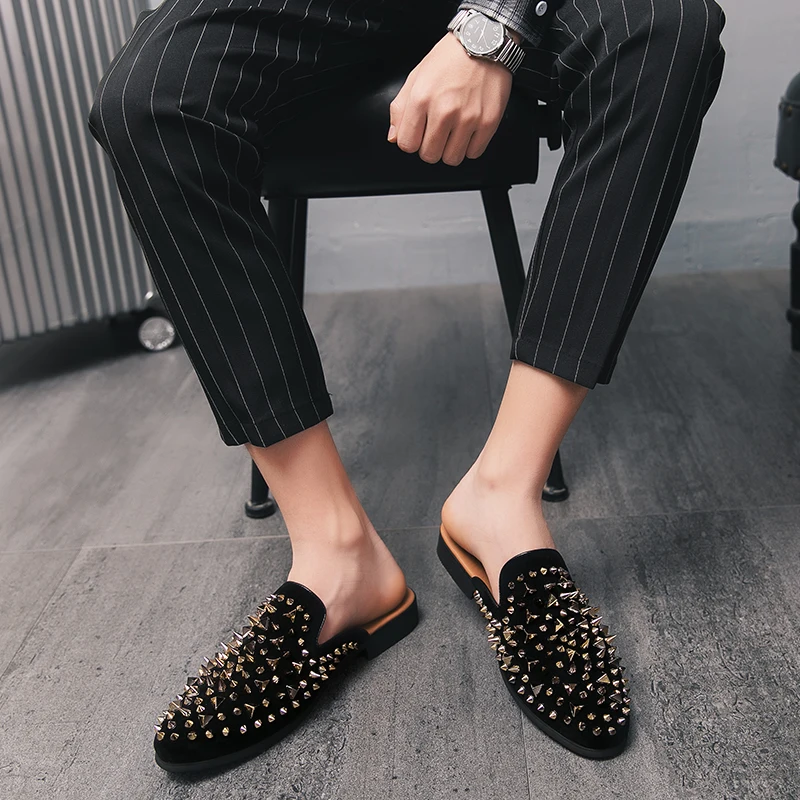 Zapatillas de vestir sin cordones para hombre, mocasines con descubierta, de cuero ante, a la talla grande|Zapatos informales de hombre| - AliExpress