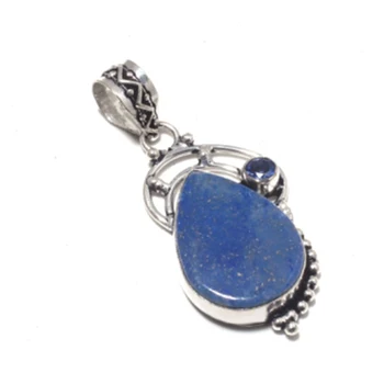 

Lapis Lazuli + Iolite Pendant Silver Overlay over Copper ,Hand made Women Jewelry Gift