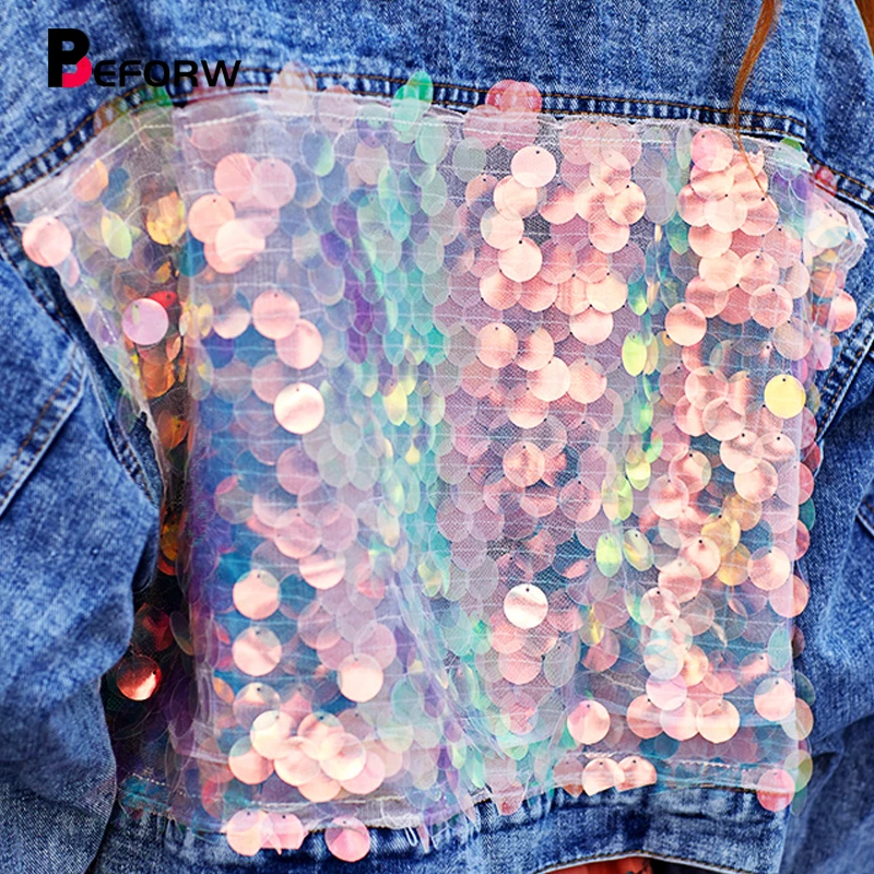 lower price BEFORW 2019 Fashion Winter Women Sequin Button Denim Jacket Coat Casual Fall Long Sleeve Pocket Cro