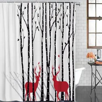

Christmas Antlers Shower Curtain Bathroom Decor Set with Hooks, Deer Tree Forest with Red Holiday Theme Flying Leaves Branch