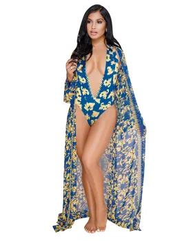 

Summer Women Capes Two Piece Set Sexy Print Long Sleeve Cover Up Smock Ponchos+V-Neck Bandage Slip Back Hollow Out Swimsuit