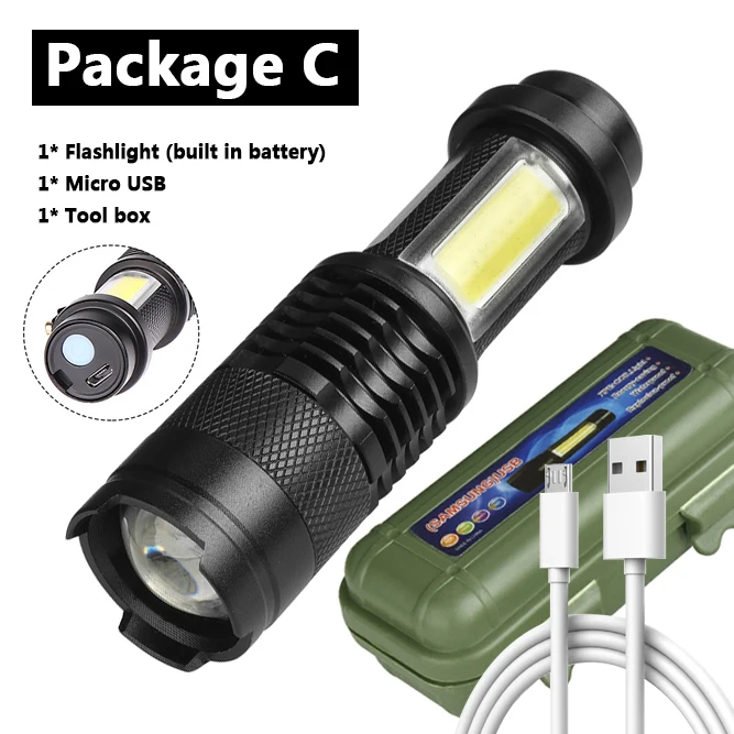 Package C Встроенный аккумулятор XP-G Q5 Zoom Focus Мини светодиодный фонарик, фонарь, лампа 2000 люмен, регулируемый фонарик, водонепроницаемый для улицы - Испускаемый цвет: Package C