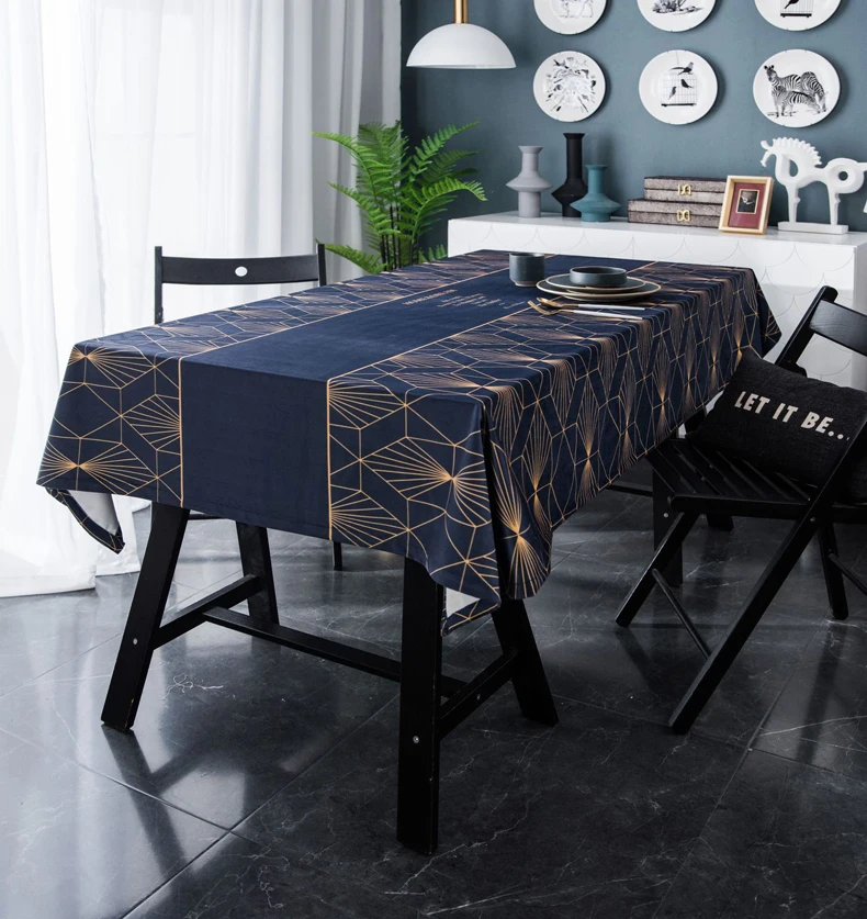 New Luxury Velvet Table Cloth Decorative Geometric Print Navy Blue Tablecloth Dining Table Cover Mantel Gold Obrus ZC088