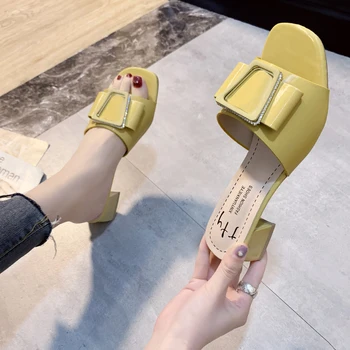 

Female Shoes Med Square heel Slippers Casual Slides 2020 Block Luxury Soft Rubber Hoof Heels Fashion PU Square heel Female