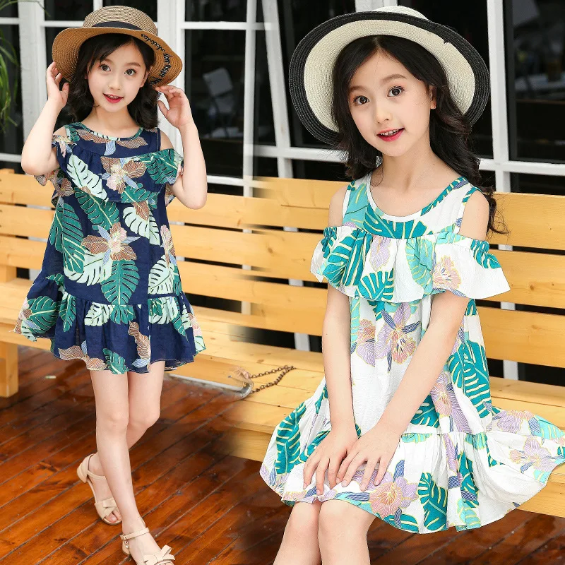 

2019 Summer New Style Childrenswear Girls Dress Big Boy Korean-style Leaf-shaped Flowers off-Shoulder Skirt