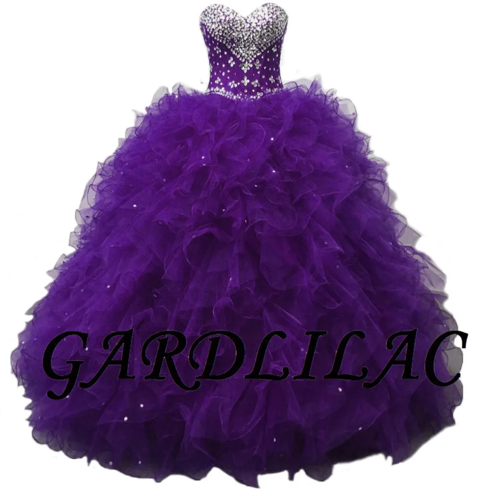 Фиолетовый Красное платье Quinceanera Beadings Кристальный Тюль платья 15 лет Дебютант Милая шея Vestidos De 15 Anos - Цвет: Фиолетовый