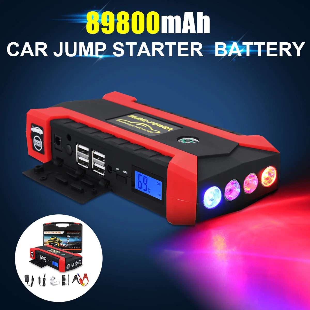 89800 mAh 12V 4 USB Высокая емкость стартер для автомобиля светодиодный светильник