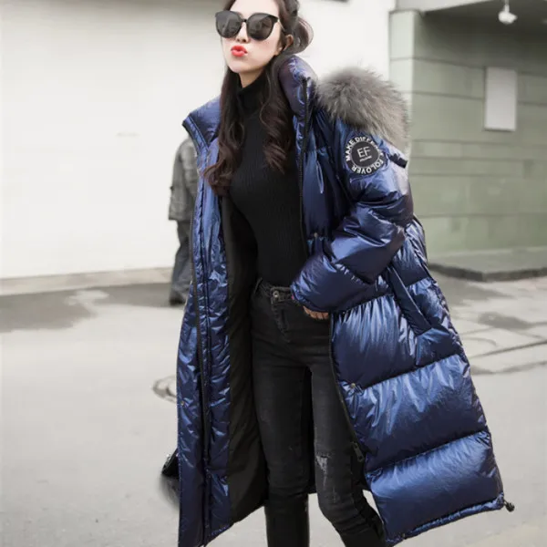 Зимние длинные меховые пуховые пальто с капюшоном, женские модные прямые толстые Свободные теплые куртки-пуховики на утином пуху, женская модная удобная верхняя одежда - Цвет: Синий