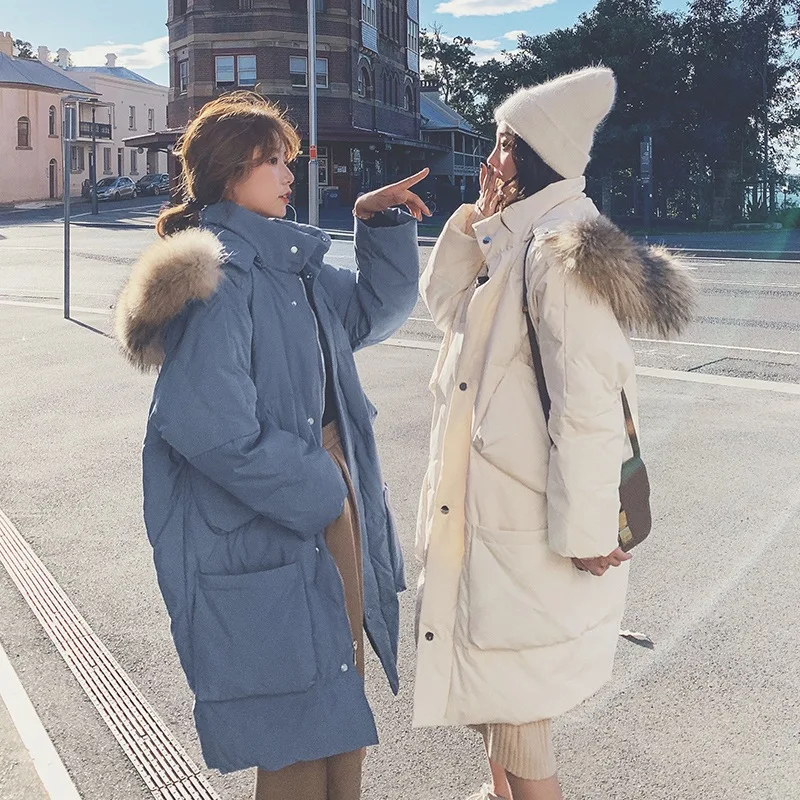 

Photo Shoot Main Push in College Style Blue Mid-length Hooded Large Fur Collar Four Pocket down Coat Cotton Overcoat Women's