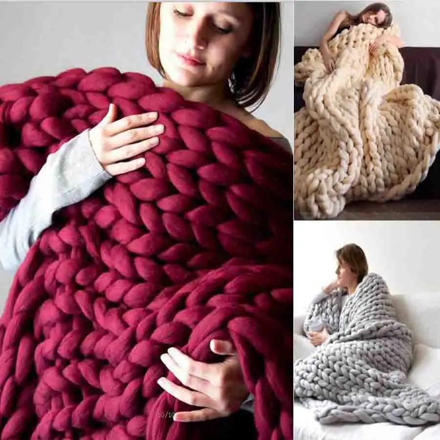 WOSTAR Fashion chunky merino wool blanket thick large yarn roving knitted blanket winter warm