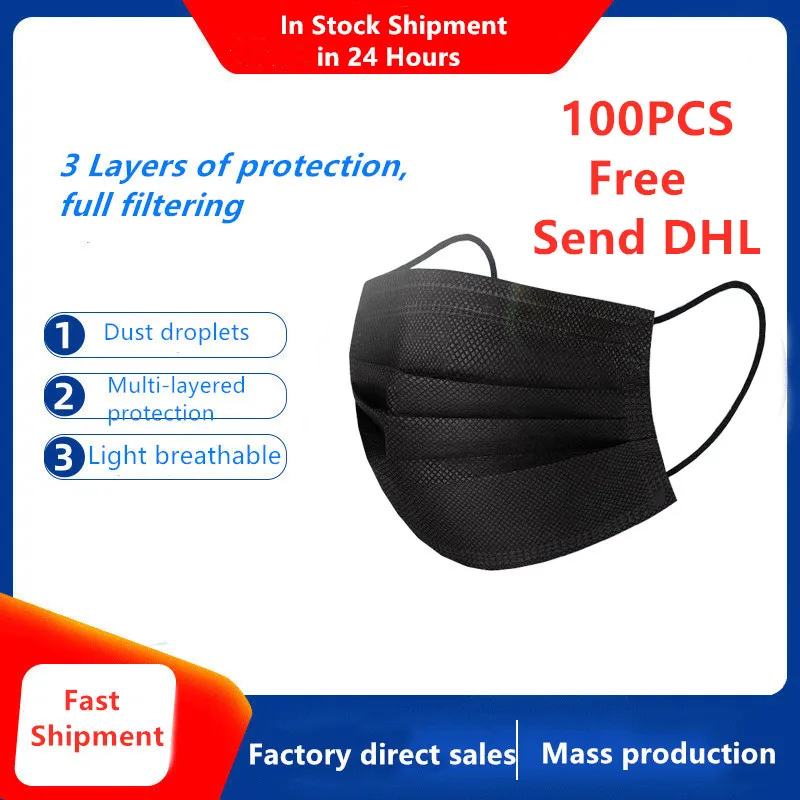 

50PCS Non-woven Disposable Black Face Dust Mask Anti Pollution Black 3-layer mouth masks Adult Child mouth face mask send DHL