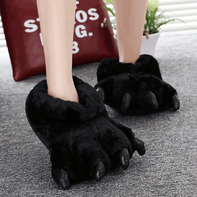 Gray Leopard Print Fur Slippers - Stylish Unisex Animal Paw Slides