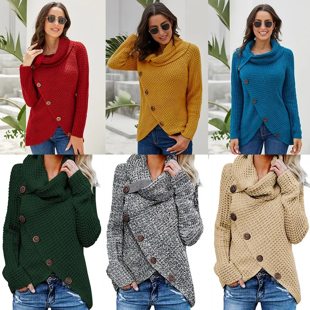 

Black Red Yellow Buttoned Wrap Turtleneck Sweater Solid Autumn Winter Sweater Top turtleneck warm long sleeve winter clothes