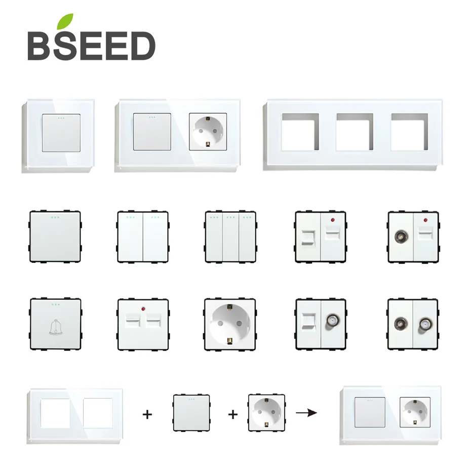 BSEED DIY UK EU Standard TV Satellite USB Socket Button Switch With Crystal Glass Frame Panel White Home Improvement