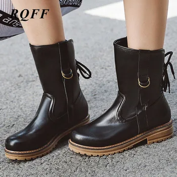 

2019 Autumn Ankle Boots Women Plus Size Fashion Med Heels Shoes Woman Platform Handmade Solid Brwon Lace-up Chelsea Handmade 43