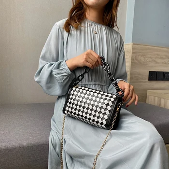 

2020 Solid fashion woven PU leather square women's Shoulder Messenger Bag crossbody bags for women Summer casual chain women bag